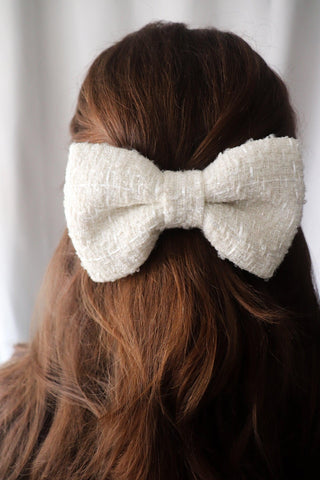 White Tweed Hair Bow Clip - Standard - Milinnery