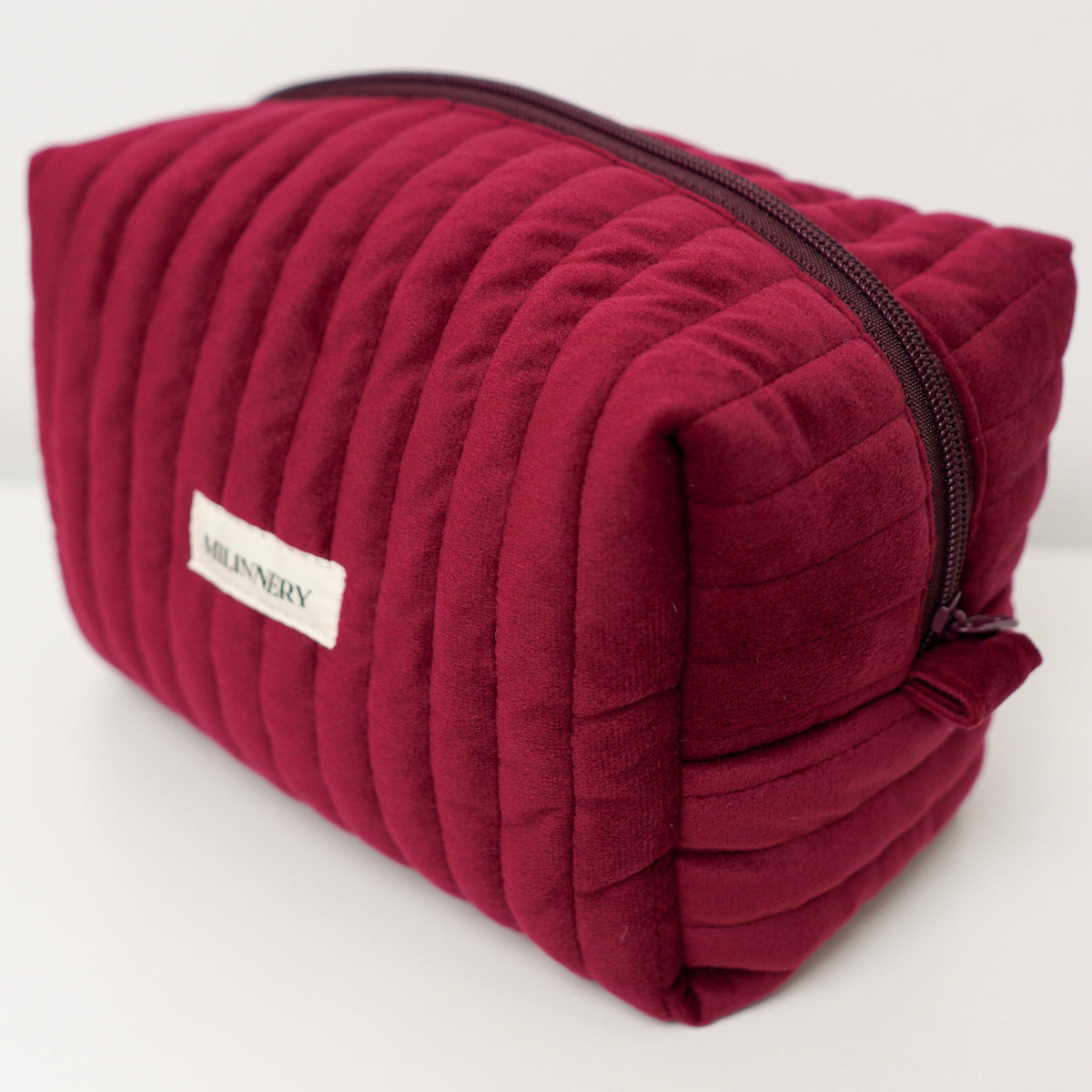 Burgundy Velvet Quilted Makeup Bag