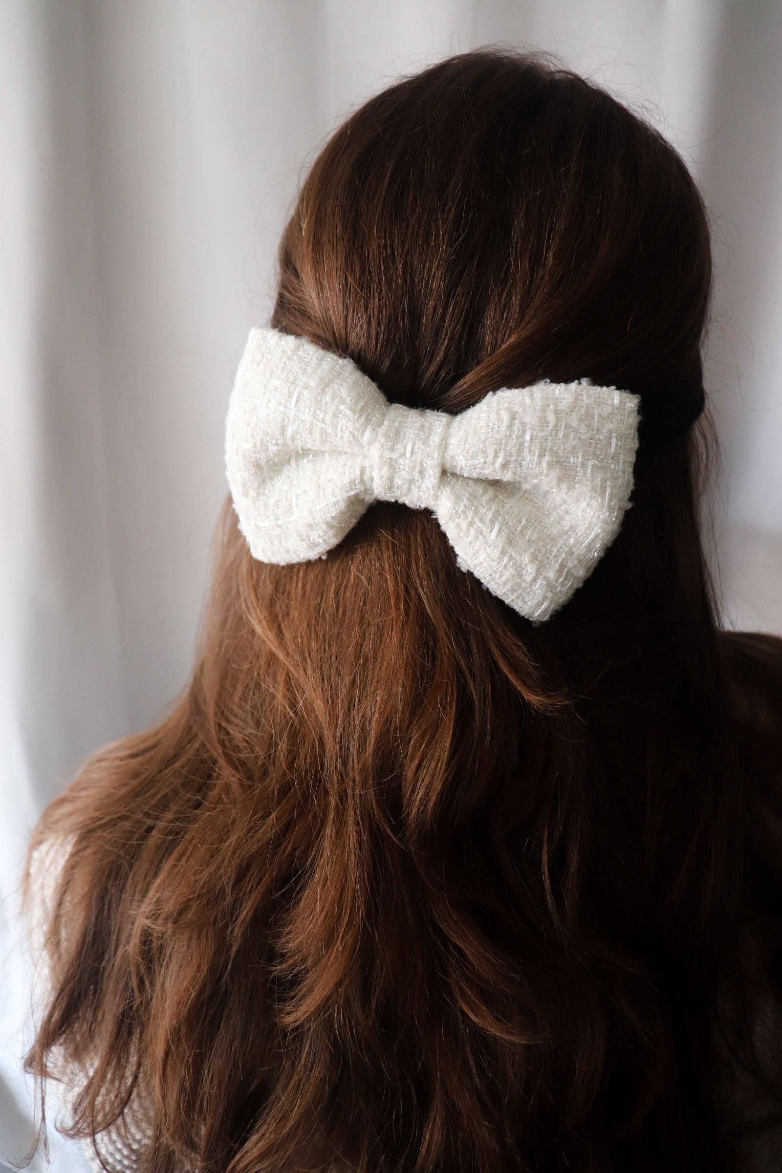 White Tweed Hair Bow Clip - Standard - Milinnery