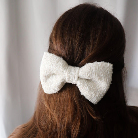 White Tweed Hair Bow Clip - Standard - Milinnery