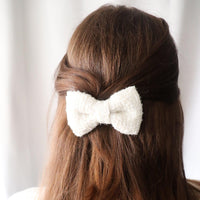 White Tweed Hair Bow Clip - Petite