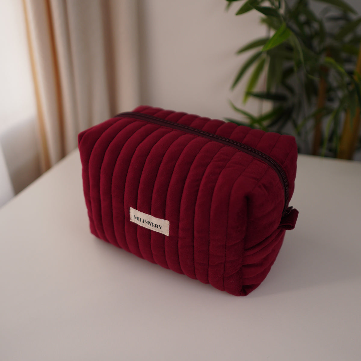 Burgundy Velvet Quilted Makeup Bag