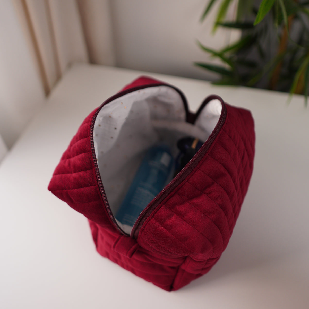 Burgundy Velvet Quilted Makeup Bag