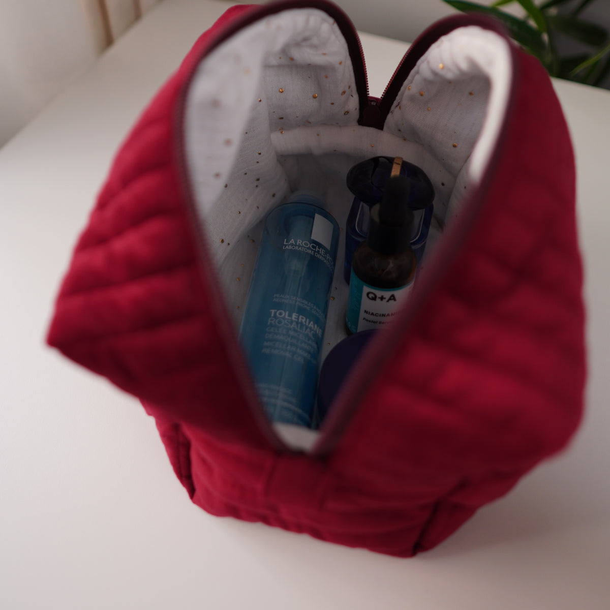 Burgundy Velvet Quilted Makeup Bag
