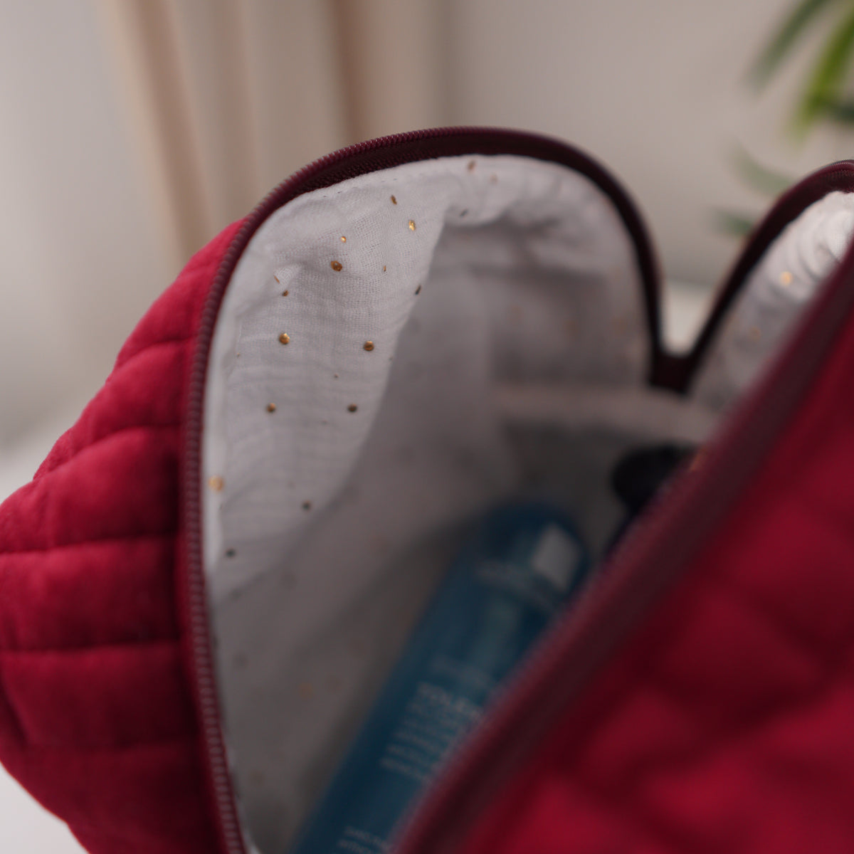 Burgundy Velvet Quilted Makeup Bag