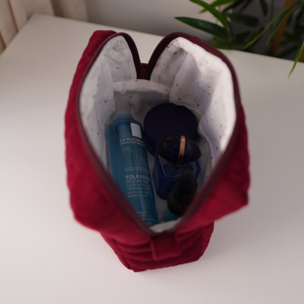 Burgundy Velvet Quilted Makeup Bag
