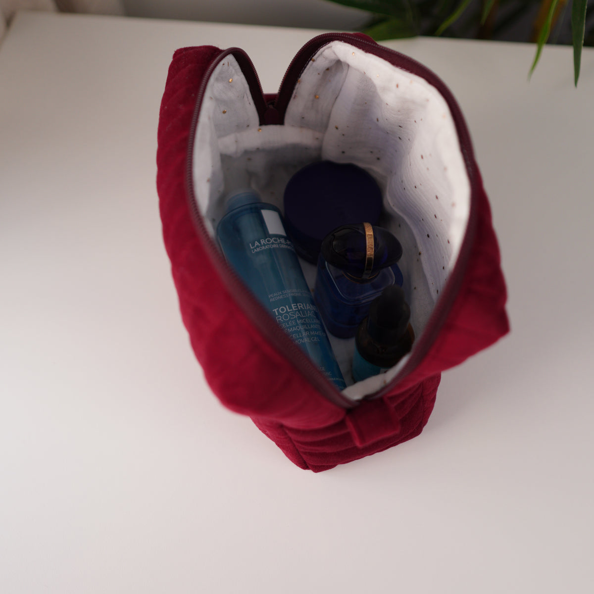 Burgundy Velvet Quilted Makeup Bag