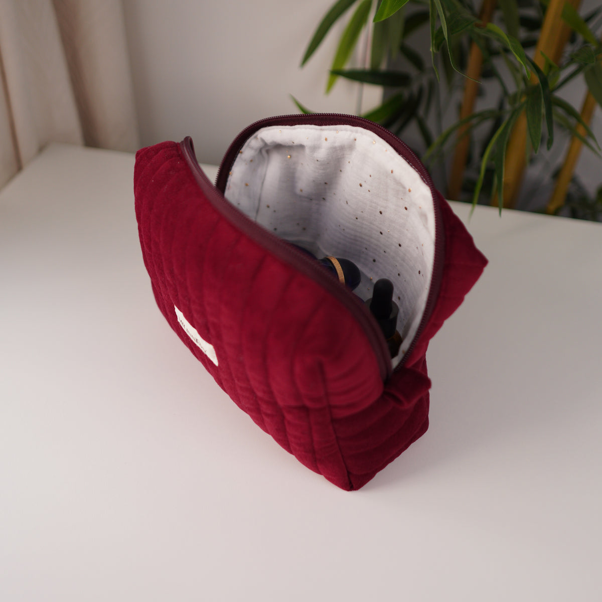Burgundy Velvet Quilted Makeup Bag