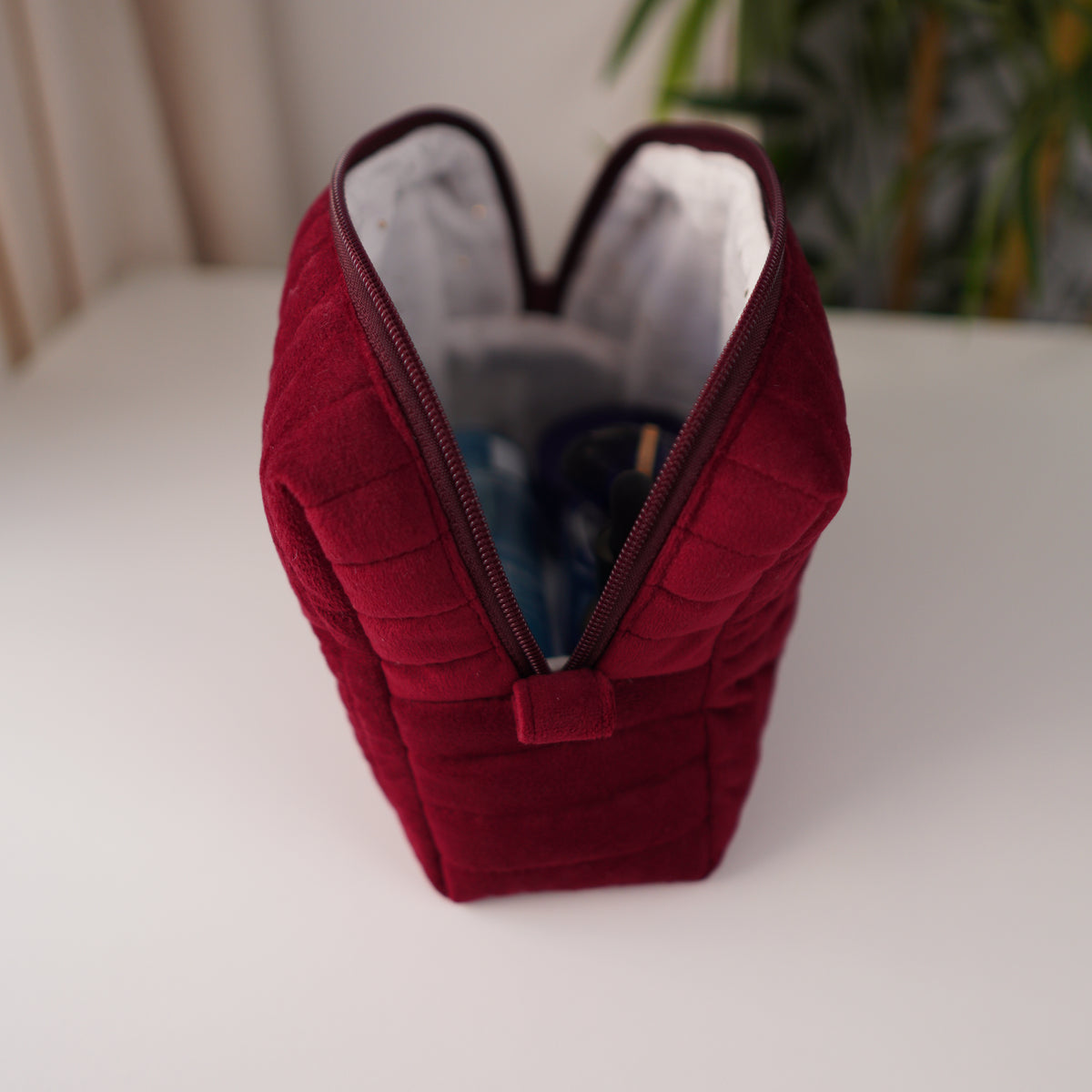 Burgundy Velvet Quilted Makeup Bag